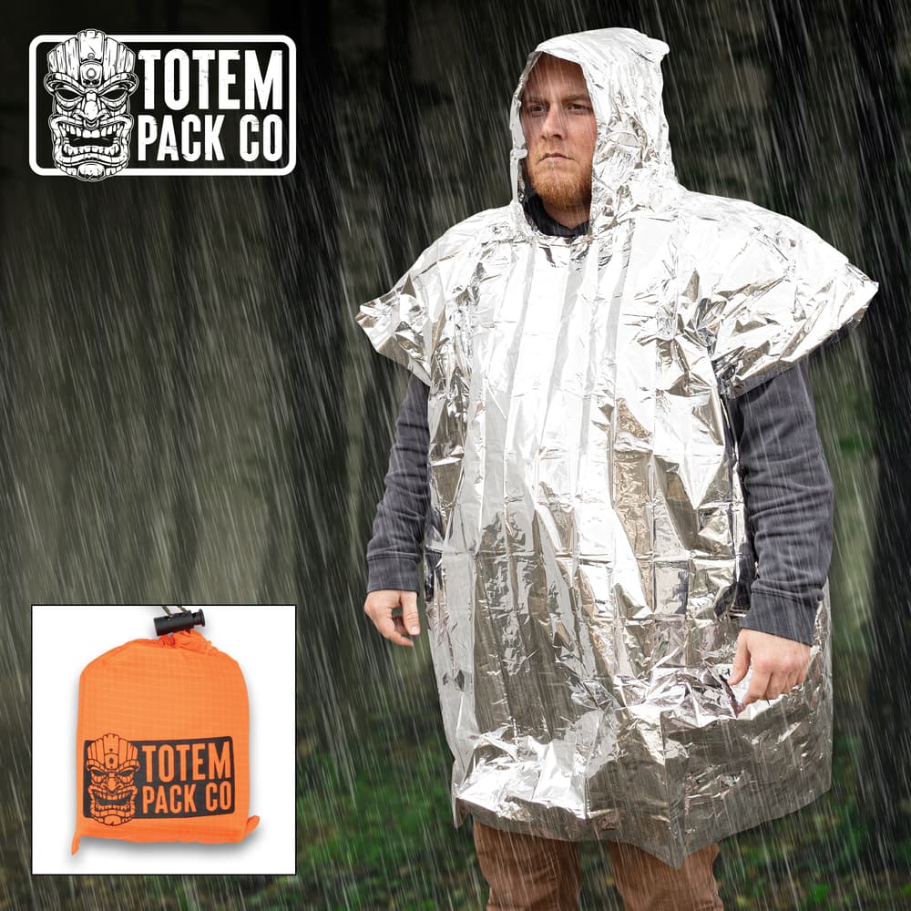 Full image of the silver Totem Pack Co. Camping Rain Poncho being worn by a person. image number 0